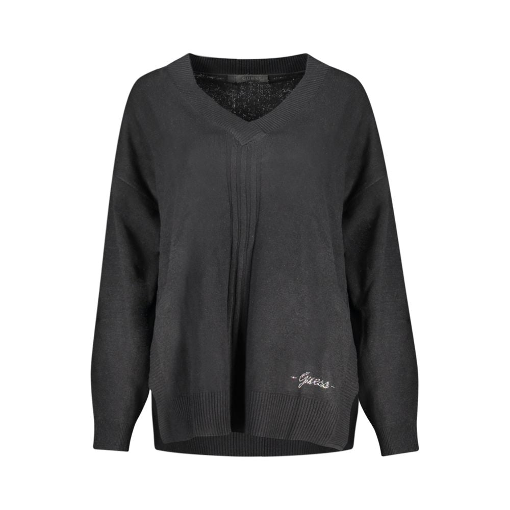Alt Tag: Guess Jeans Black Cotton Sweater, long sleeved, V-neck with contrasting details and logo embroidery for stylish comfort.