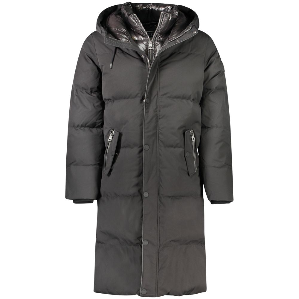 Guess Jeans Black Polyester Men Jacket with hood, water-resistant exterior, double zipper, and practical pockets.