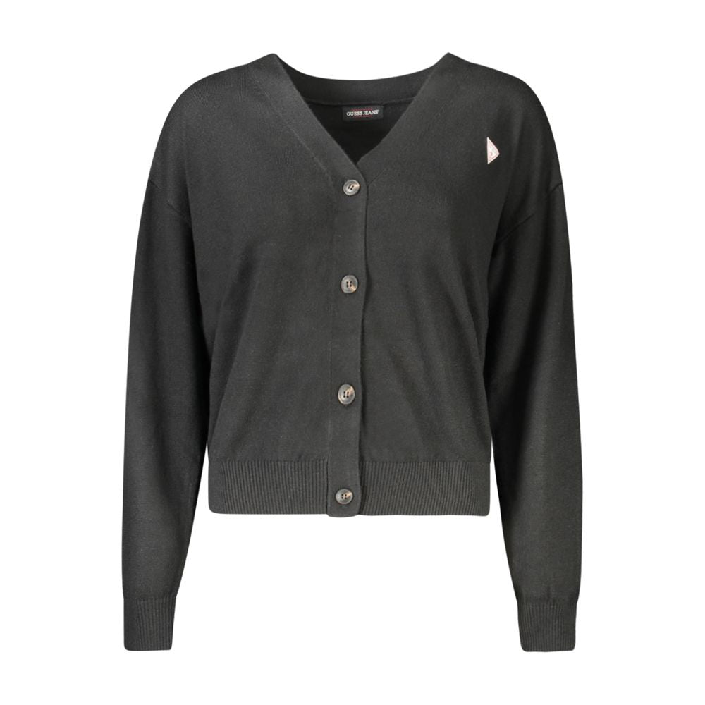 Guess Jeans Black Polyester Women Cardigan with buttons and logo, perfect for chic, timeless elegance and seasonal transitions.
