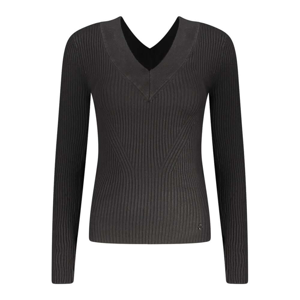 Guess Jeans Black Viscose Sweater with V-neck and contrasting details.