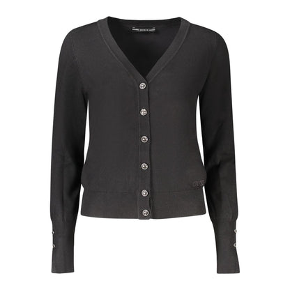 Guess Jeans Black Viscose Women Cardigan with rhinestone buttons and V-neck design.