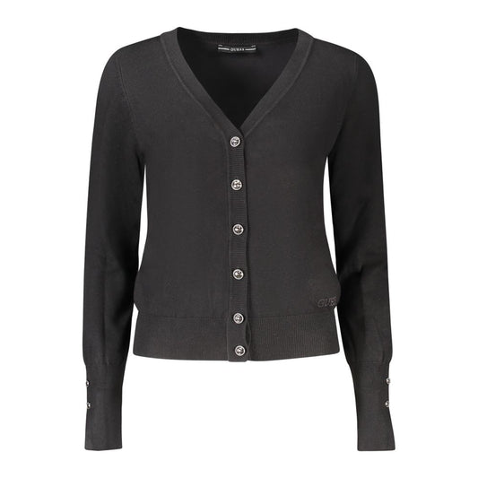 Guess Jeans Black Viscose Women Cardigan with rhinestone buttons and V-neck design.