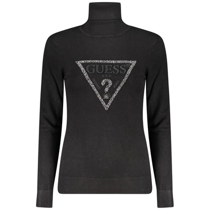 Guess Jeans Black Viscose Women Sweater with embroidered logo and rhinestones, chic turtleneck design for sophisticated style.