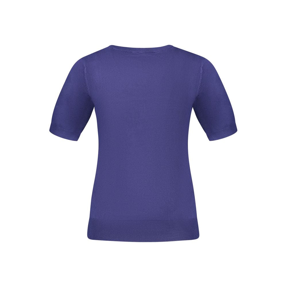 Back view of Guess Jeans Blue Viscose Women Sweater with short sleeves and classic crew neck.