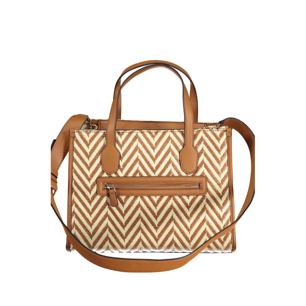 Guess Jeans Brown Cotton Handbag with adjustable strap, external pocket, and protective feet. Chevron pattern with contrast details.
