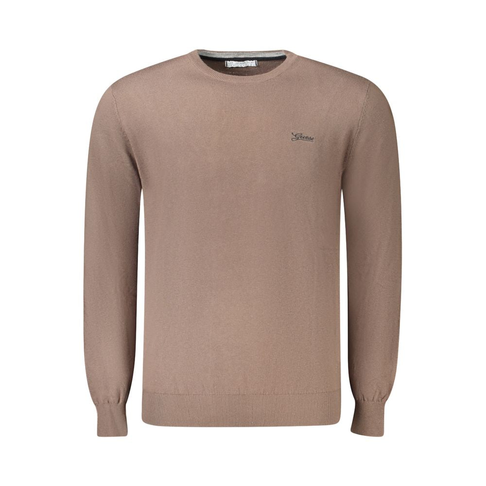 Guess Jeans Brown Cotton Men Sweater with crew neck and logo detailing, perfect for layering or standout style.