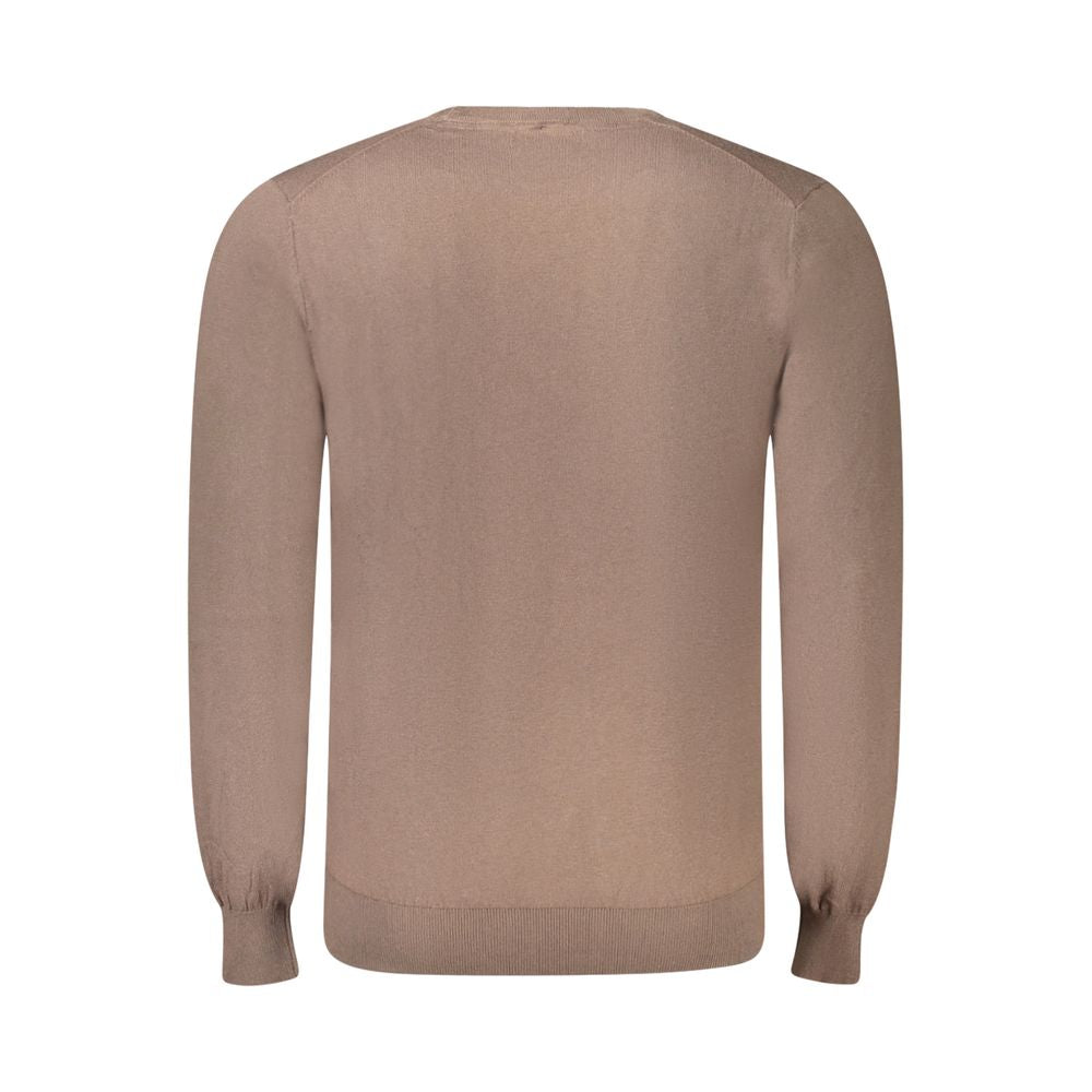 Back view of Guess Jeans Brown Cotton Men Sweater with crew neck and long sleeves, showcasing soft cotton blend for style and comfort.