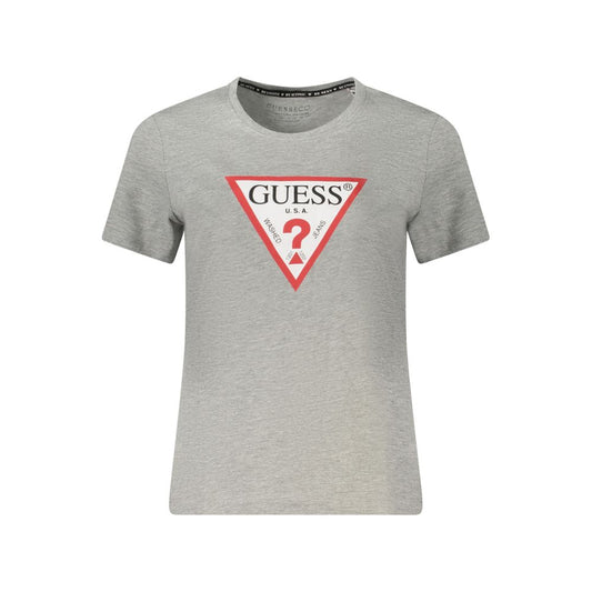 Guess Jeans Gray Organic Cotton Women Top with logo, crew neck, short sleeves. Stylish and eco-friendly fashion. Perfect for casual wear.