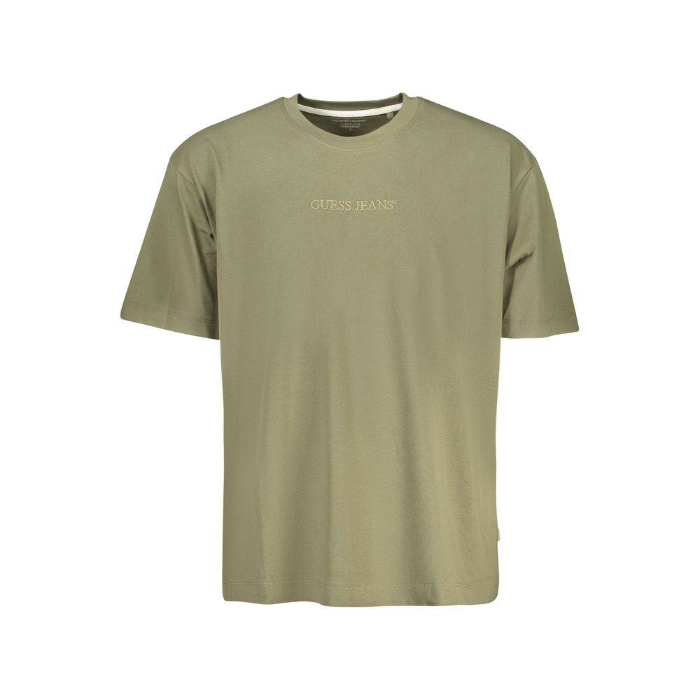 Guess Jeans Green Cotton Men T-Shirt with short sleeves, oversized fit, and embroidered logo, perfect for casual chic fashion.