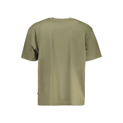 Back view of Guess Jeans Green Cotton Men T-Shirt with short sleeves and a relaxed fit, emphasizing casual style in organic cotton.