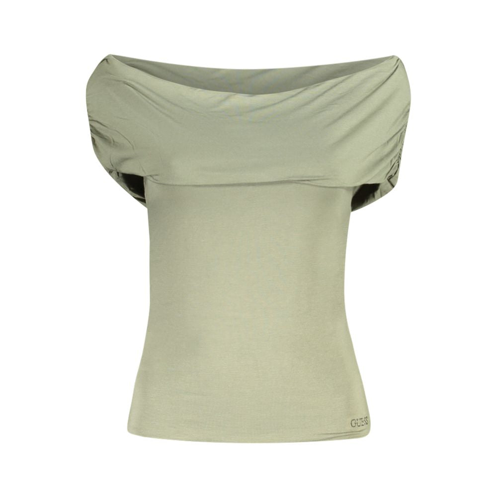 Guess Jeans Green Modal Women T-Shirt with off-shoulder design and rhinestone logo, made of modal and spandex for a flattering fit.