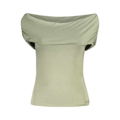 Guess Jeans Green Modal Women T-Shirt with off-shoulder design and rhinestone logo, made of modal and spandex for a flattering fit.