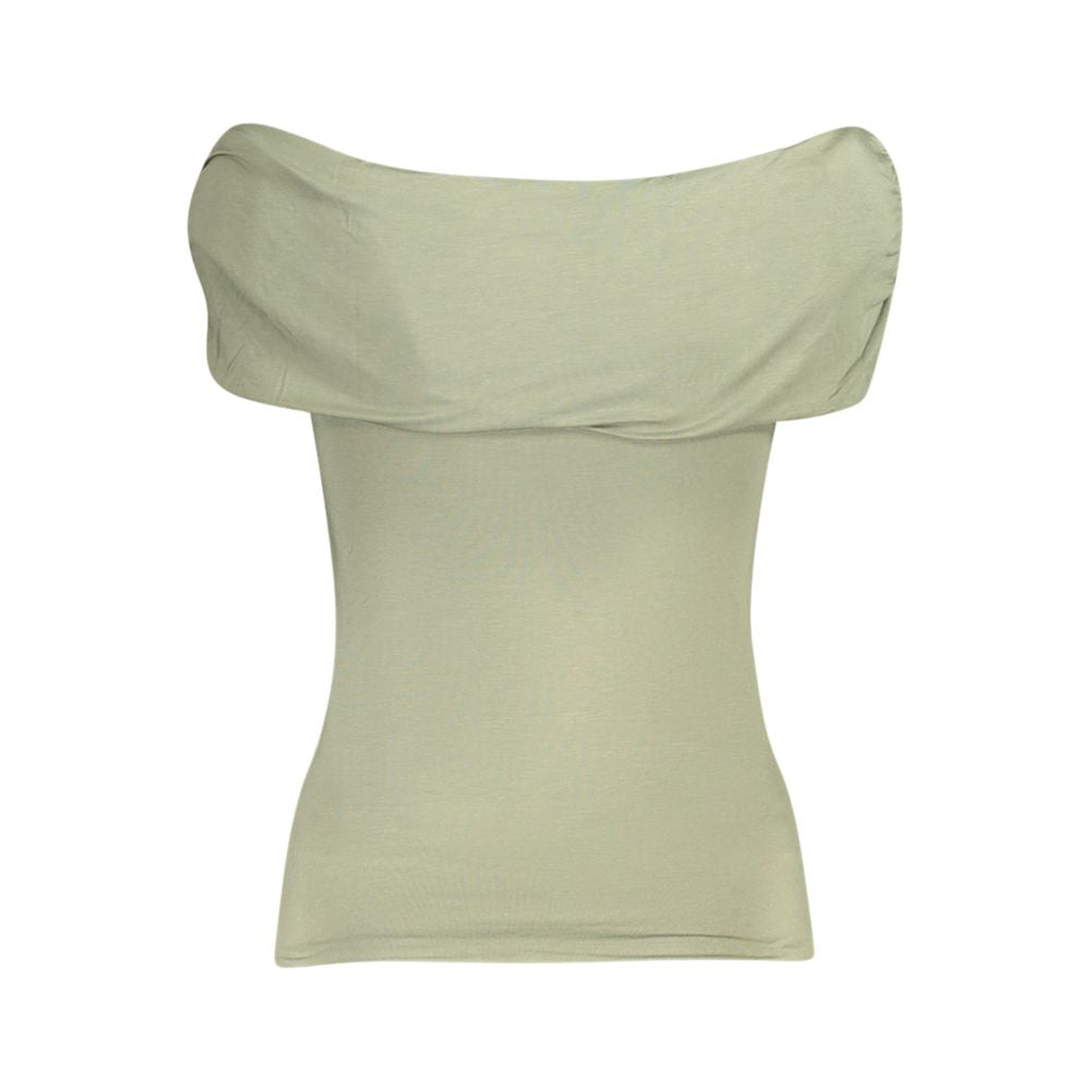 Guess Jeans Green Modal Women T-Shirt with rhinestone logo, off-the-shoulder design, crafted from modal and spandex for a flattering fit.