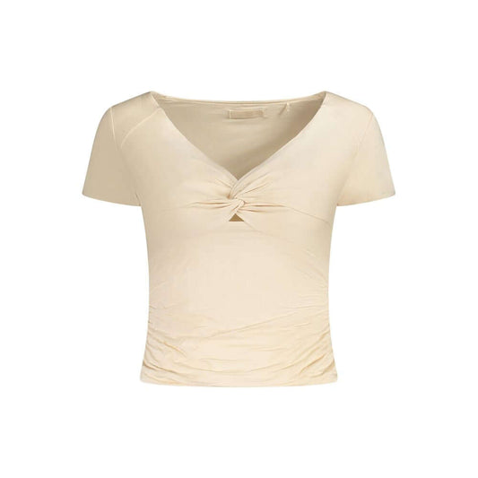 Beige short sleeve top with knot detail, similar to Guess Jeans Pink Modal Women Top, stylish and chic design for women.