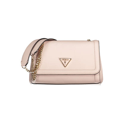 Guess Jeans Pink Polyethylene Handbag with chain handles and logo, featuring external pocket, three compartments, snap closure.