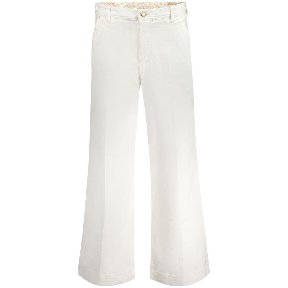 Guess Jeans White Cotton Women Jeans with relaxed high fit and iconic logo, featuring button-and-zip fly and four pockets for style and comfort.