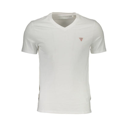 Guess Jeans White Organic Cotton Men T-Shirt with V-neck and logo applique, showcasing sustainable fashion and casual elegance for trendsetters.