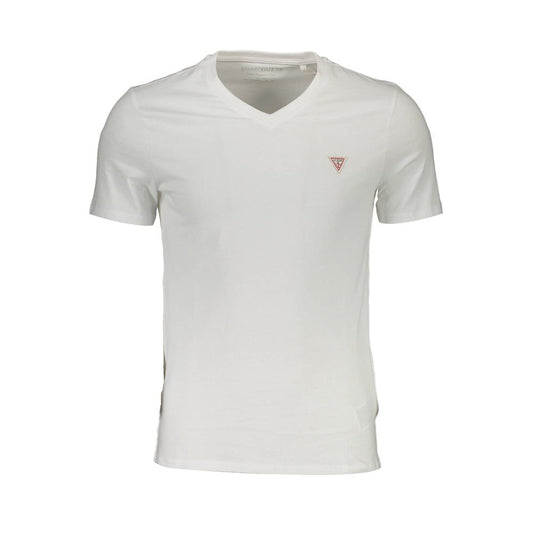 Guess Jeans White Organic Cotton Men T-Shirt with V-neck and logo applique, showcasing sustainable fashion and casual elegance for trendsetters.