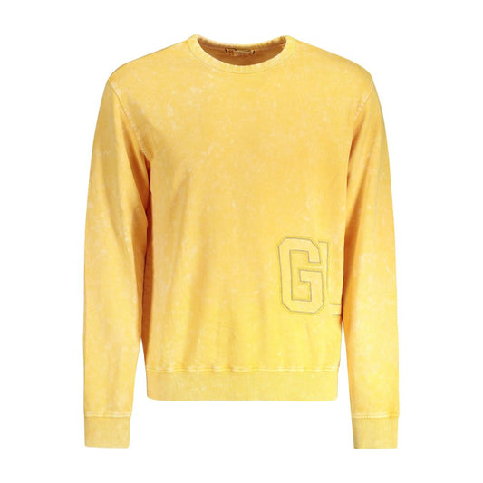 Guess Jeans Yellow Cotton Men Sweater with long sleeves, crew neck, and embroidered logo, showcasing laid-back luxury and edgy sophistication.