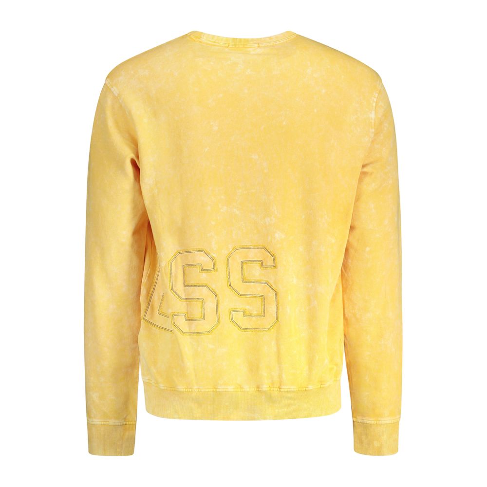 Back view of Guess Jeans Yellow Cotton Men Sweater with iconic logo and washed effect.
