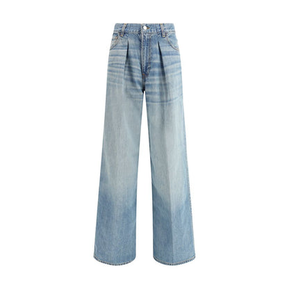 Haikure Light Blue Cotton Jeans Denim with wide legs and classic five-pocket design, featuring a logoed leather patch on back.