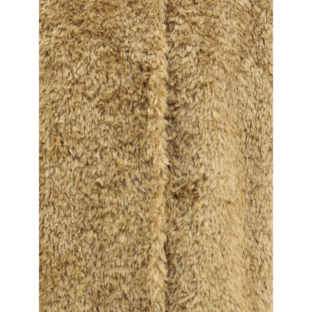 Close-up texture of Herno Beige Polyester Coat showcasing eco-friendly fur material and elegant design details.