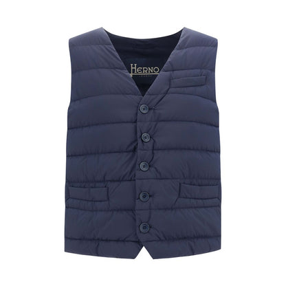 Herno Blue Polyamide Sleveless Jacket with quilted design, V-neck, button closure, and adjustable waistband, AW25 season, made in Italy.