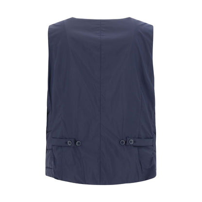 Back view of Herno Blue Polyamide Sleveless Jacket with adjustable waistband and button details.