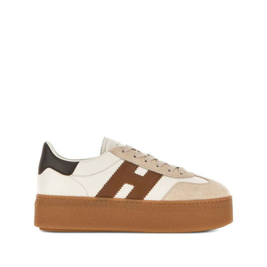 Hogan Pre Hogan Cool Sneakers beige lace-up with round toe and branded insole, featuring leather design and brown sole.