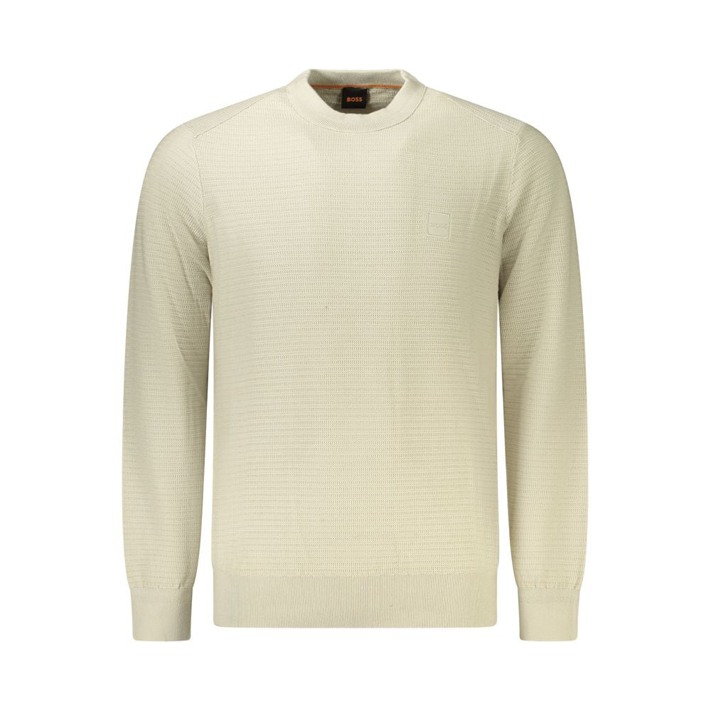 Hugo Boss Beige Cotton Men Sweater with signature embroidery and relaxed silhouette. Elegant organic cotton for fashion trendsetters.