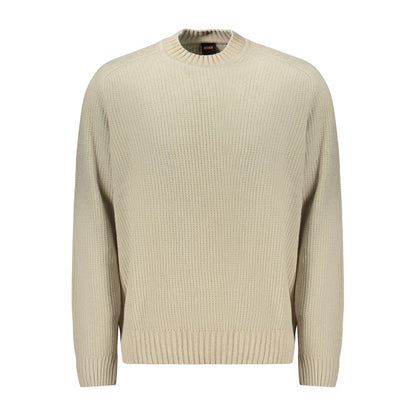 Hugo Boss Beige Cotton Sweater with logo, long sleeve chenille fabric, and crew neck design. Stylish and comfortable sweater for men.