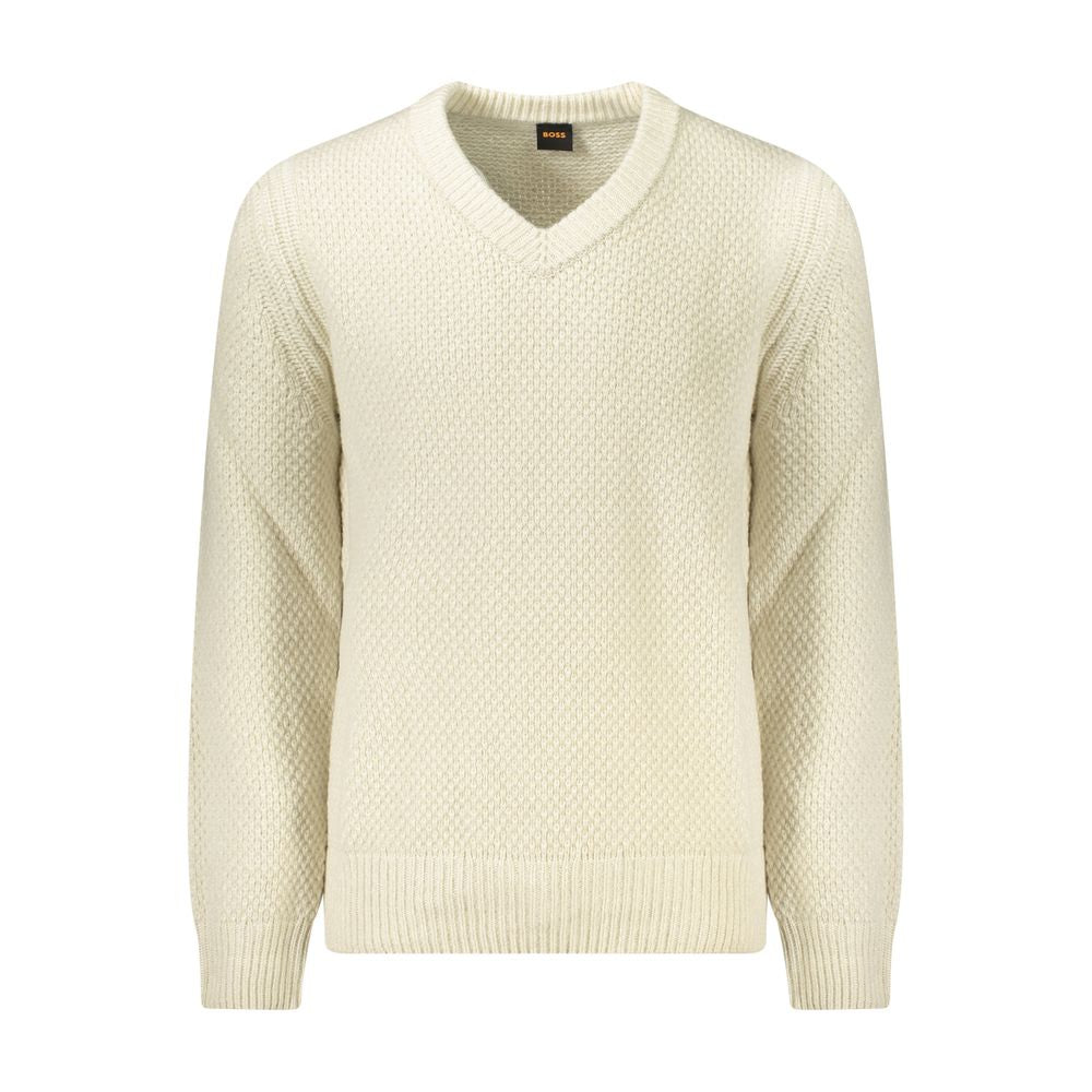 Hugo Boss Beige Wool Men Sweater with V-neck design, featuring a modern edge and iconic logo, perfect for a style-conscious look.