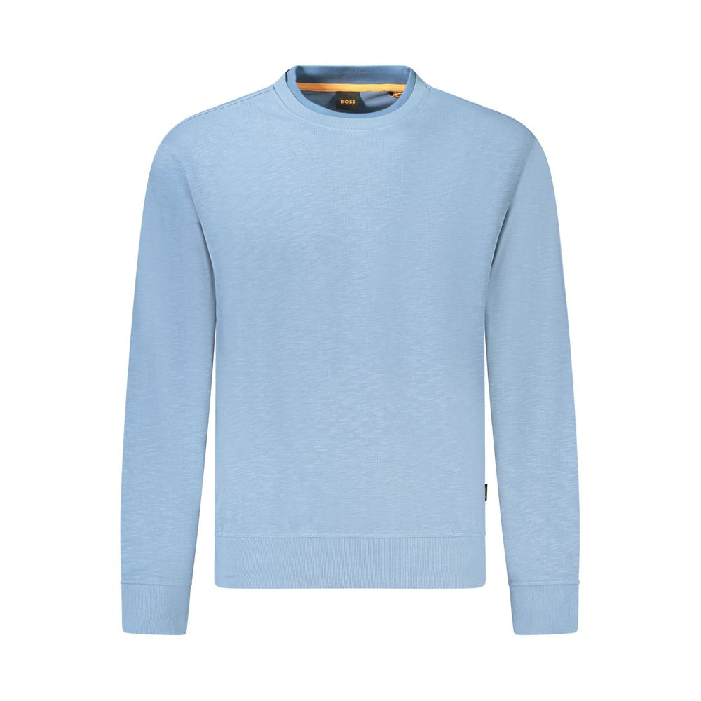 Hugo Boss Blue Cotton Men Sweater, luxurious long sleeve crew neck with contrasting details and iconic logo.