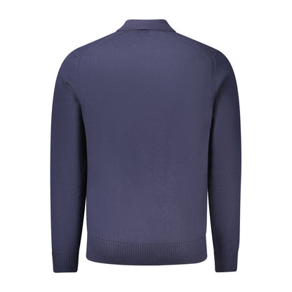 Rear view of Hugo Boss Blue Wool Mens Sweater, featuring long sleeves and luxury wool blend for warmth and comfort.