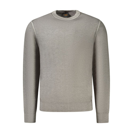 Hugo Boss Gray Wool Mens Sweater exhibiting sleek design, embroidery with logo, crafted from 100% wool for warmth and class.
