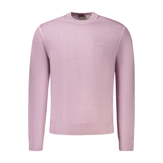 Hugo Boss Purple Wool Men Sweater with embroidered logo, long-sleeved t-shirt in luxurious wool for sophisticated style.