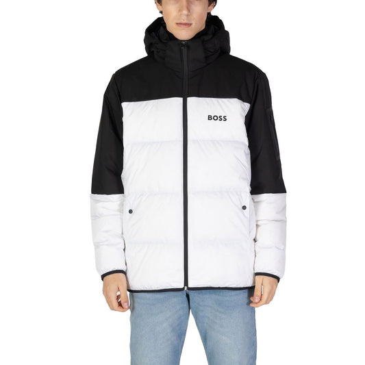 Man wearing Hugo Boss White Recycled Polyester Jackets & Coat with hood, wide quilting, and double-slider front zip for wind protection.