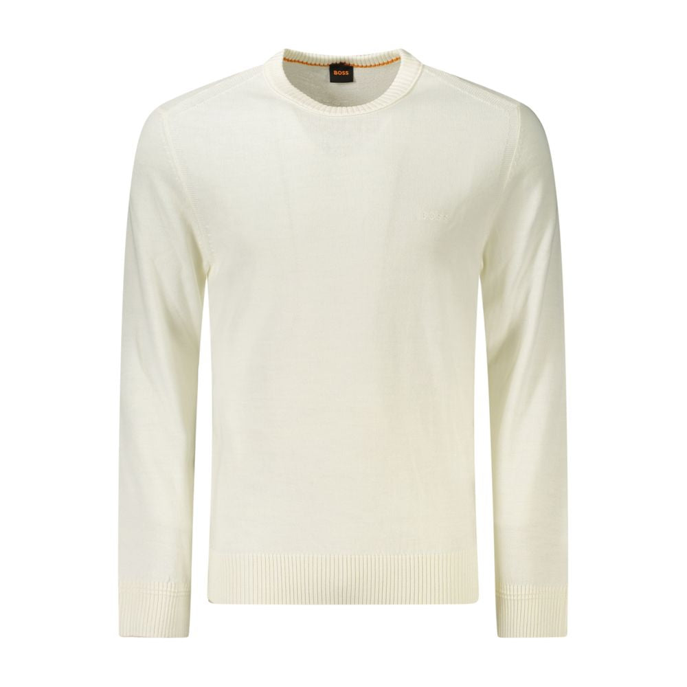 Hugo Boss White Wool Men Sweater with crew neck and embroidered logo, crafted from wool-polyacrylic blend for stylish comfort.