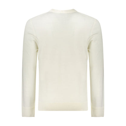 Back view of Hugo Boss White Wool Men Sweater, long sleeves, crew neck, luxury knitwear, sophisticated embroidery, timeless design.