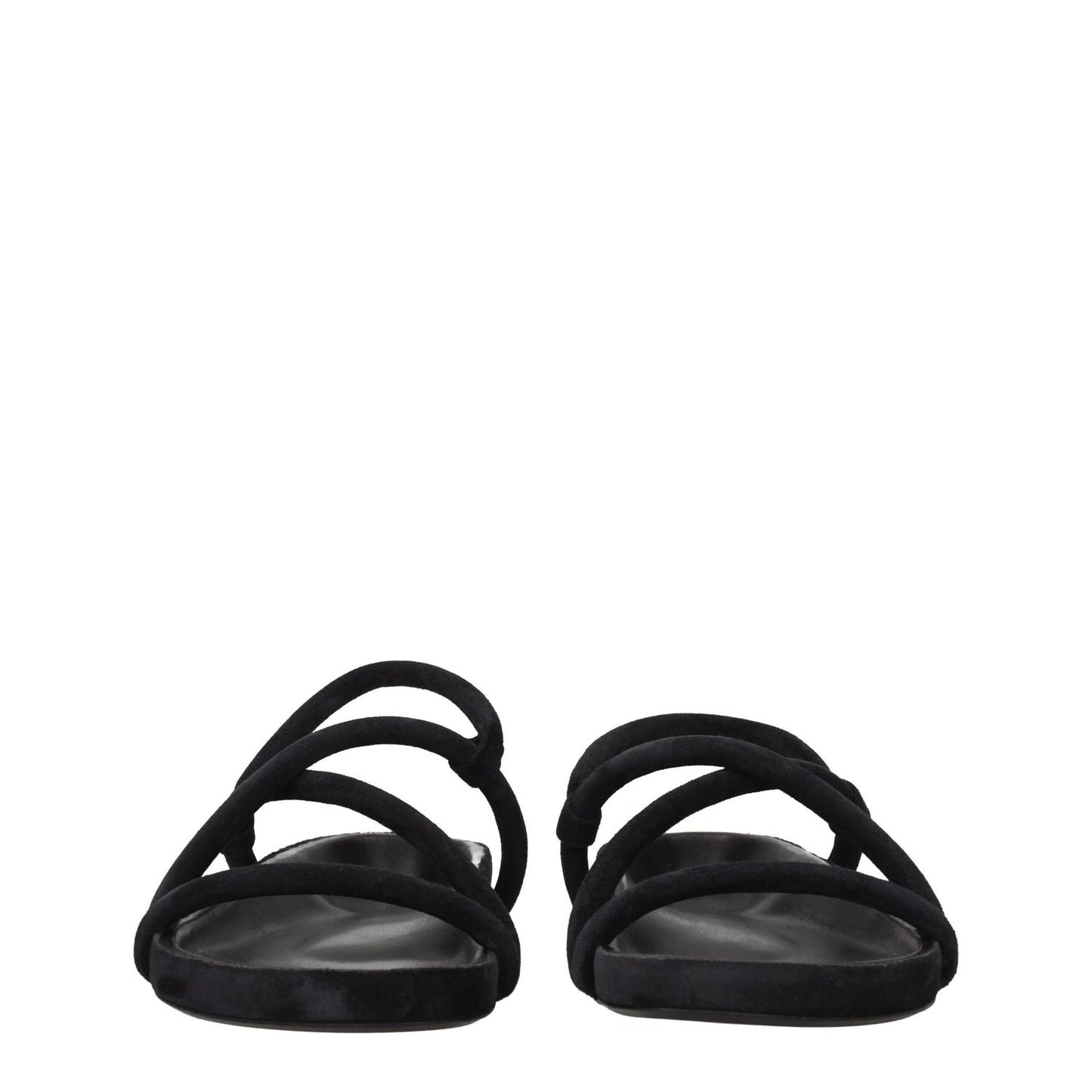 Front view of Isabel Marant Black Leather Flat Sandals with open toe and suede straps, casual style, low heel design.