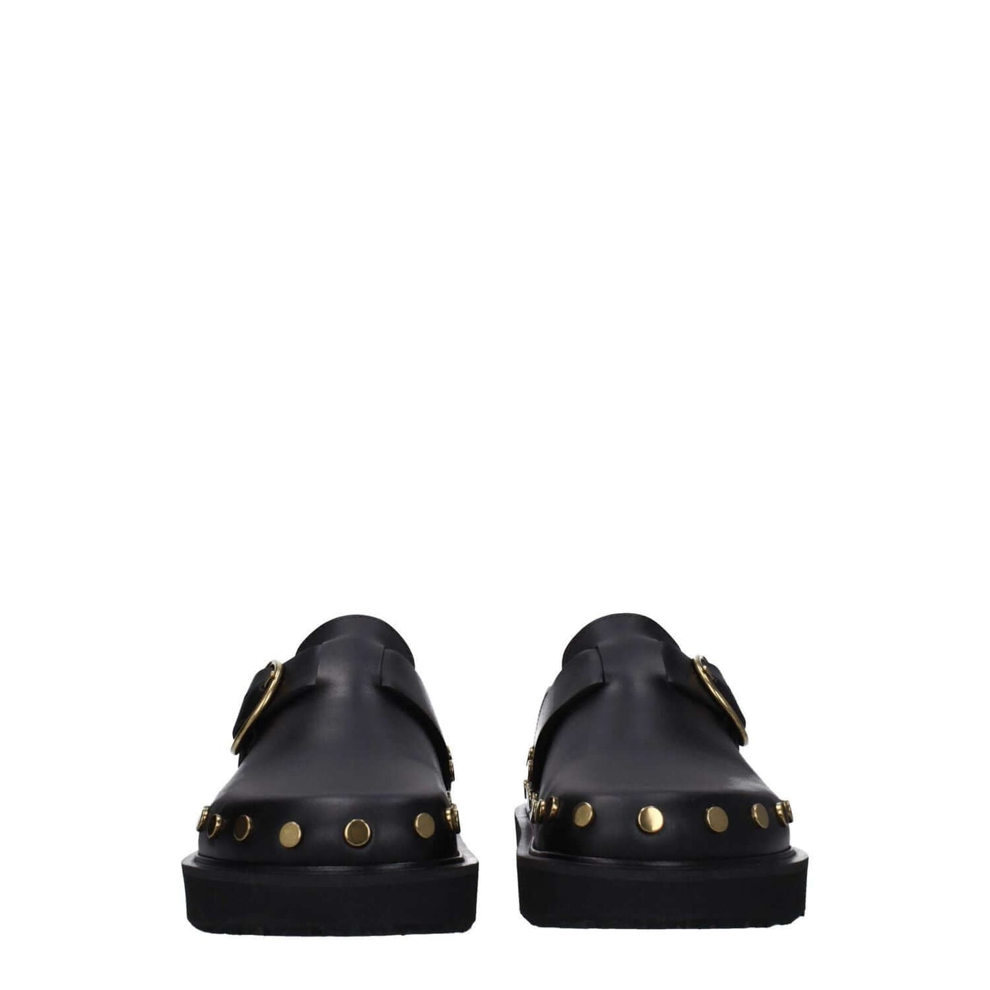 Isabel Marant Black Leather Slippers with gold studs, vintage style, buckle closure, and rubber sole, forward view.