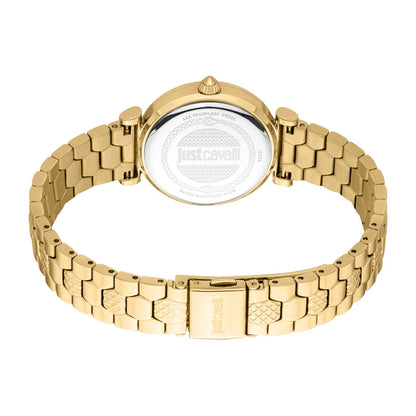 JUST CAVALLI TIME WATCHES Mod. JC1L273M0065 gold wristwatch back view with elegant stainless steel strap, for ladies.