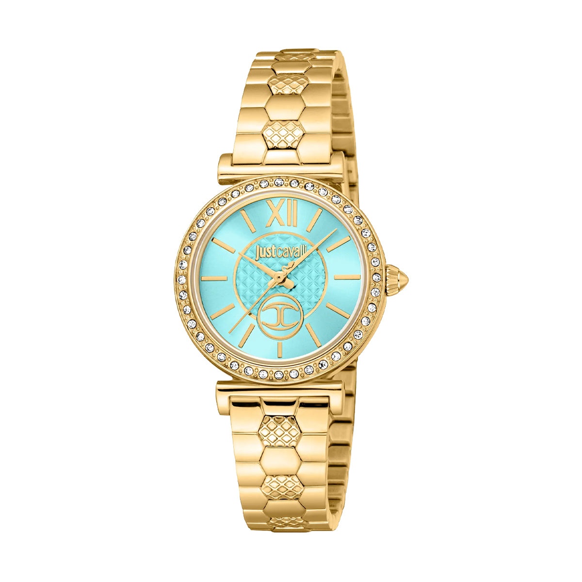 JUST CAVALLI TIME WATCHES Mod. JC1L273M0065, gold ladies wristwatch with blue dial and Seiko Movement VJ20, 5 ATM water resistant.