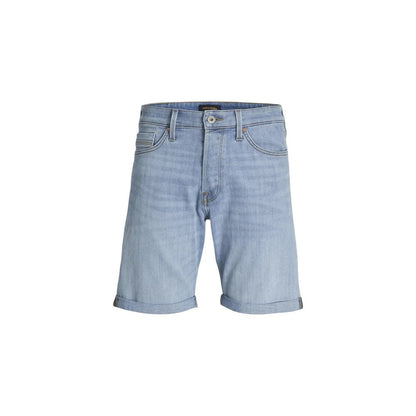 Jack Jones Light Blue Cotton Bermuda Shorts, men's summer casual shorts with rolled-up hem, straight cut design, front view.