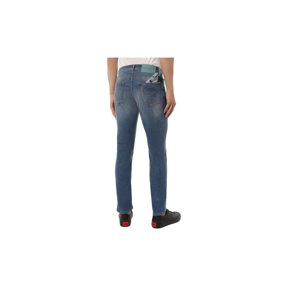 Jacob Cohen Blue Cotton Men Jeans with Stretch Fit and Embroidered Detail, showcasing back view with five-pocket design.
