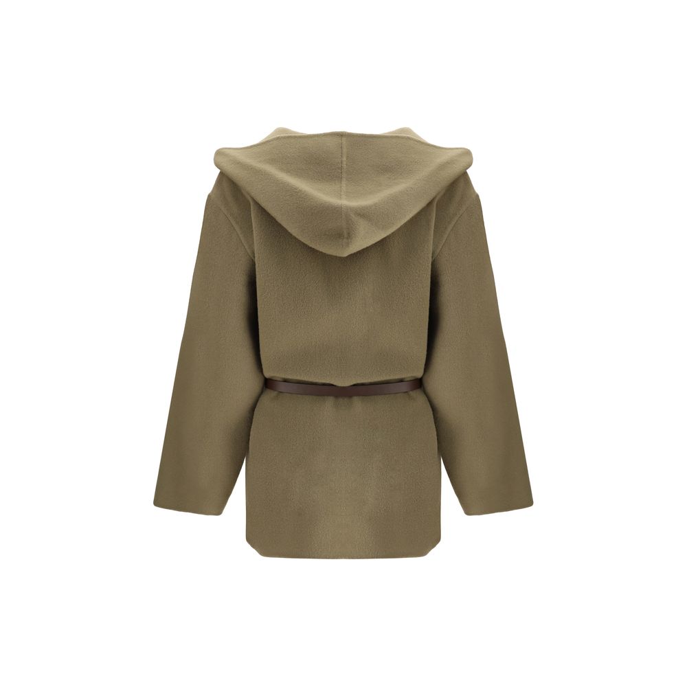 Back view of Jacob Cohen Brown Fleece Wool Coat with hood, belted waist, and patch pockets, featuring elegant cream-colored brushed wool.