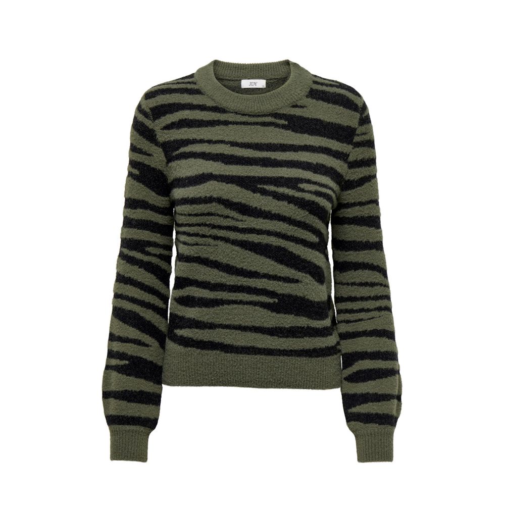 Jacqueline De Yong Green Nylon Sweater with animal print, crew neck, and regular cut, perfect for casual and trendy autumn looks.