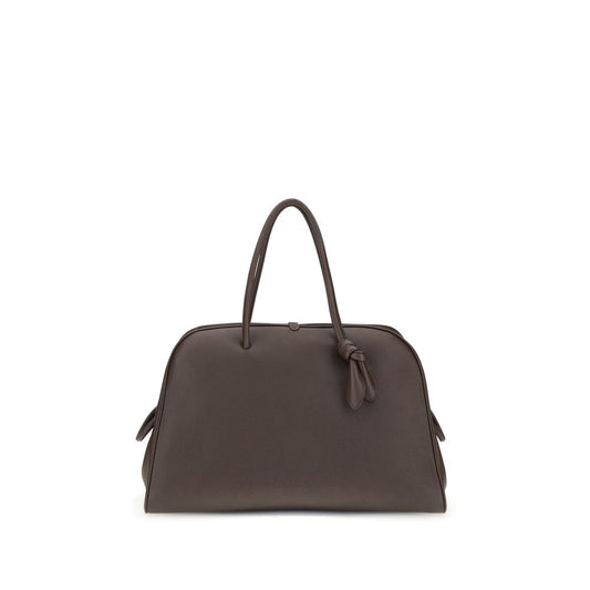 Jacquemus Brown Calf Leather Bos Taurus Handbag with bow detail, structured design, and pockets, perfect for travel.