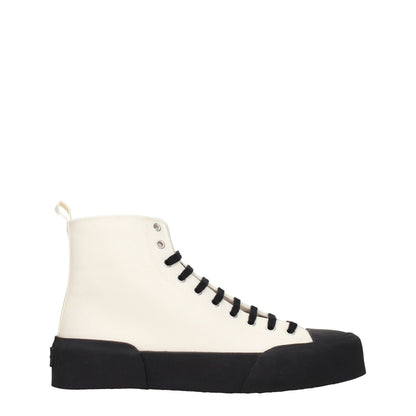 Jil Sander Beige Fabric High Top Sneakers with black sole and lace-up closure, featuring a back logo and round toe design.