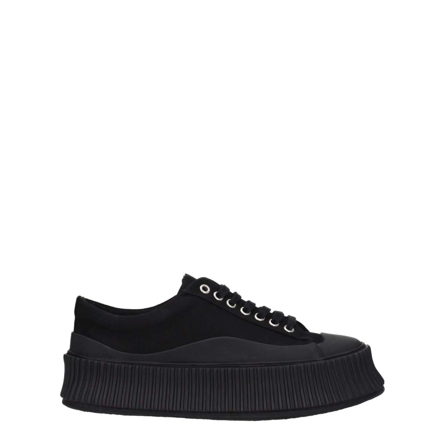 Jil Sander Black Fabric Chunky Sneakers with lace-up closure and rubber wedge sole, featuring a square toe and 5 cm wedge height.